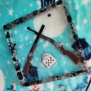 Snowflake Obsidian Trinket dish/coaster with criss cross guns and playing cards
