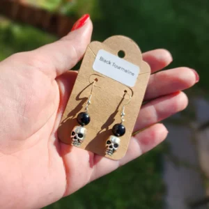 Black Tourmaline Skull Earrings
