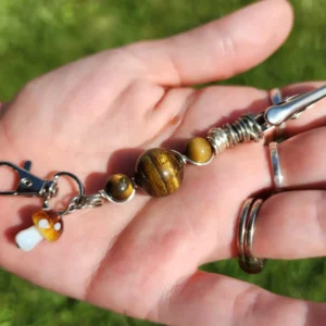 Tigers Eye Mini Roach Clips and Keychain with Mushroom Charm