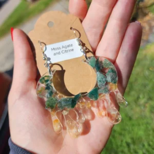 Moss Agate and Citrine Moon Earrings