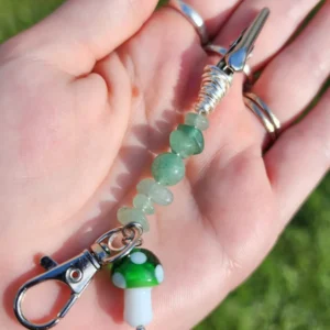 Green Aventurine Mini Roach Clip Keychain with Mushroom charm