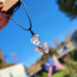 Wire Wrapped Rose Quartz Butterfly Skull Necklace