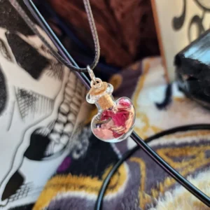 Pink Rose Petals and Rose Quartz Glass Bottle Necklace