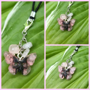 Rose Quartz Butterfly Skull Phone Charm
