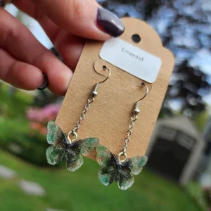 Emerald Butterfly Skull Earrings, Dangle