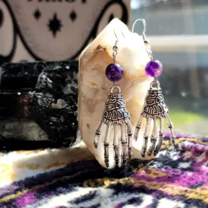 Amethyst and Skeleton Hand Earrings