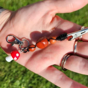 Red Jasper Mini Roach Clip Keychain with mushroom charm