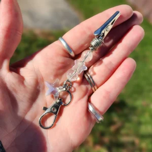 Clear Quartz Mini Roach Clips and Keychain with Star Charms, Clear Quartz Clips
